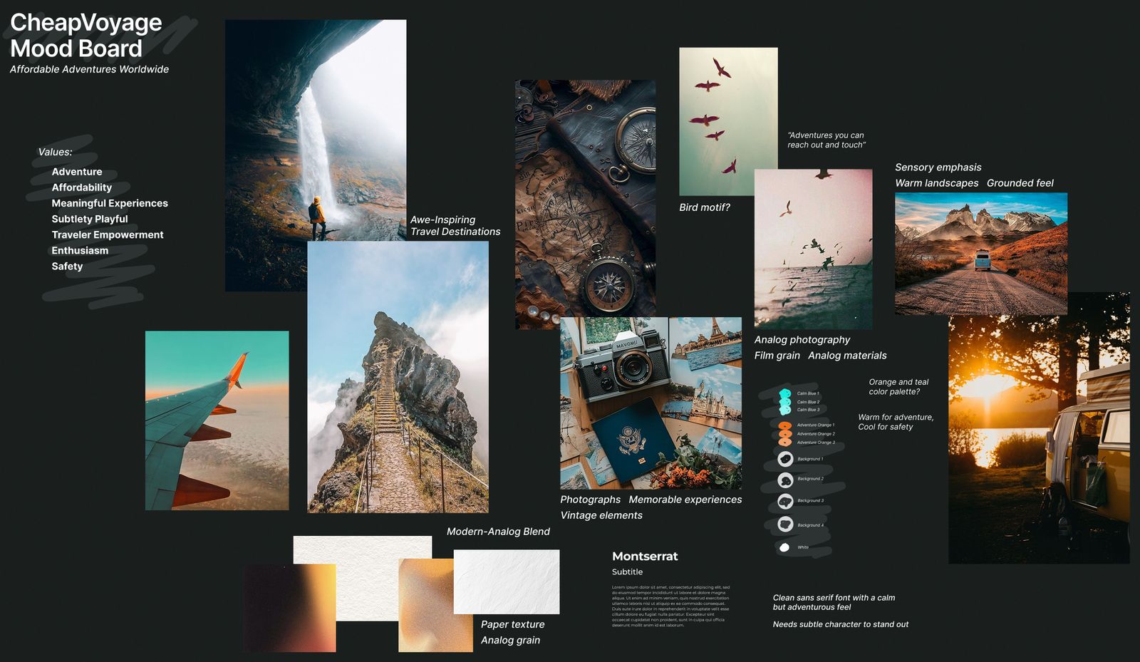Warm analog moodboard with orange, teal, and paper textures